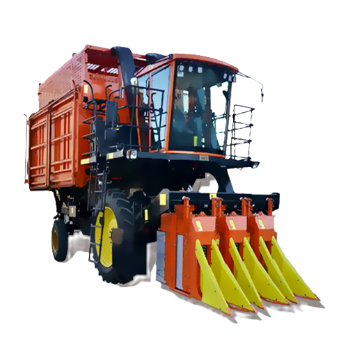 Red agricultural combine harvester with yellow attachments: U & Me Traders 