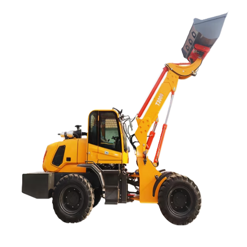 Yellow wheel loader with a gray bucket on a white background: U & Me Traders